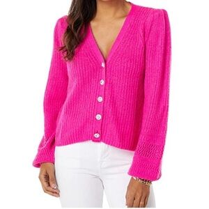 Lilly Pulitzer Laelynn Cardigan Fushia Pink Sweater Jeweled Buttons Size XS Prep